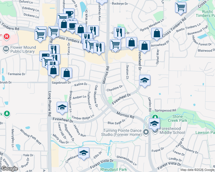 map of restaurants, bars, coffee shops, grocery stores, and more near 2204 Sagebrush Drive in Flower Mound