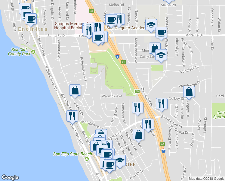 map of restaurants, bars, coffee shops, grocery stores, and more near 1577 Starlight Drive in Encinitas