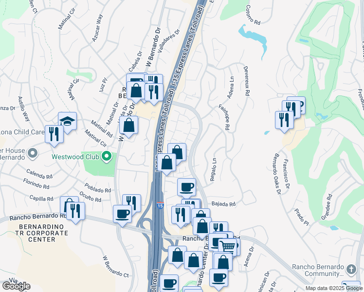 map of restaurants, bars, coffee shops, grocery stores, and more near 17444 Fairlie Road in San Diego