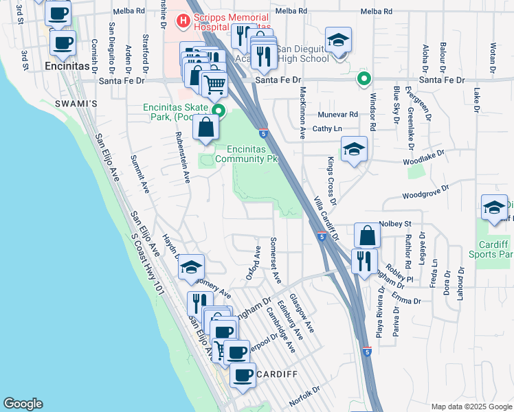 map of restaurants, bars, coffee shops, grocery stores, and more near 1577 Starlight Drive in Encinitas