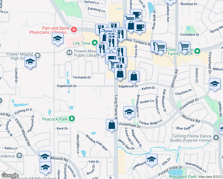 map of restaurants, bars, coffee shops, grocery stores, and more near 3281 Farm to Market Road 2499 in Flower Mound