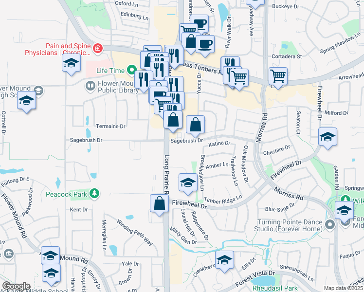 map of restaurants, bars, coffee shops, grocery stores, and more near 2550 Sagebrush Drive in Flower Mound
