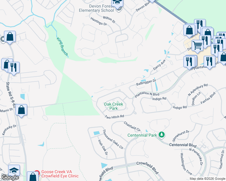 map of restaurants, bars, coffee shops, grocery stores, and more near 130 Two Hitch Road in Goose Creek