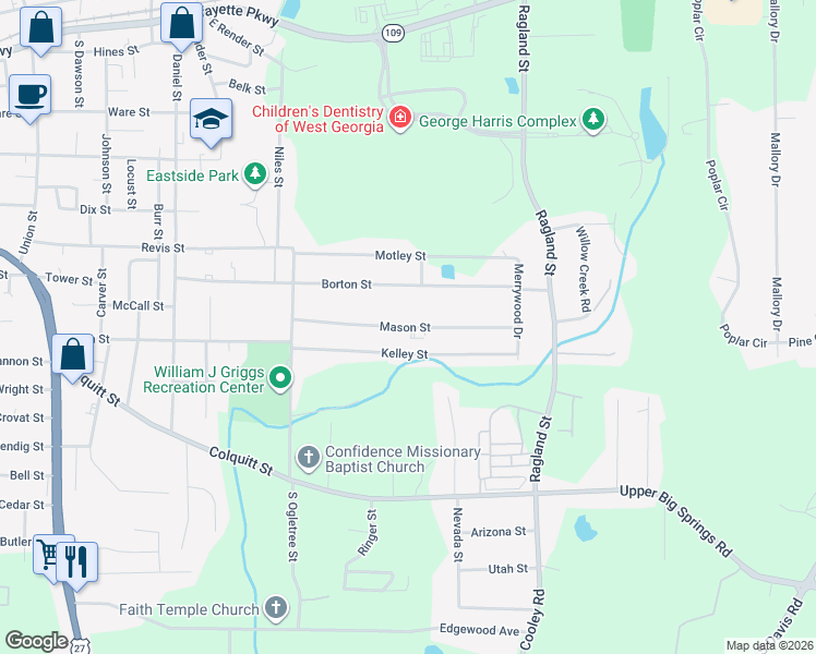 map of restaurants, bars, coffee shops, grocery stores, and more near 1015 Mason Street in LaGrange