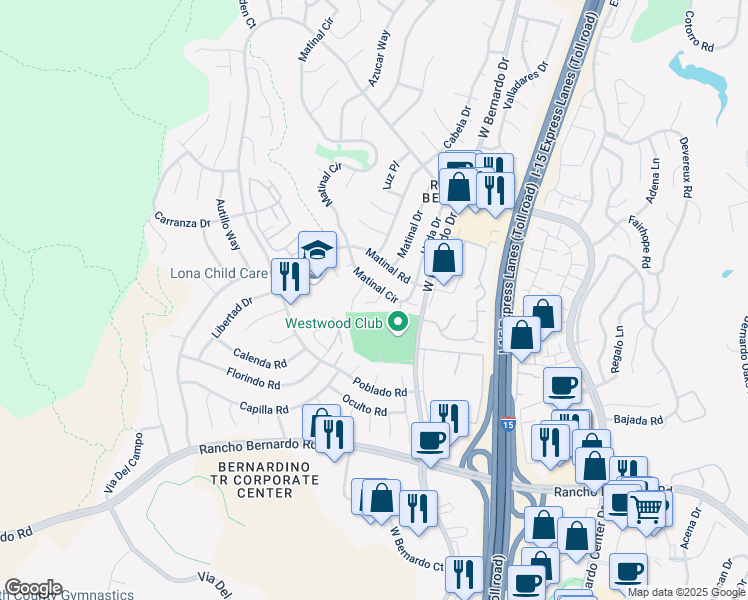 map of restaurants, bars, coffee shops, grocery stores, and more near 11387 Matinal Circle in San Diego