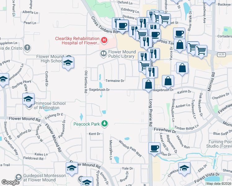 map of restaurants, bars, coffee shops, grocery stores, and more near 2969 Sagebrush Drive in Flower Mound