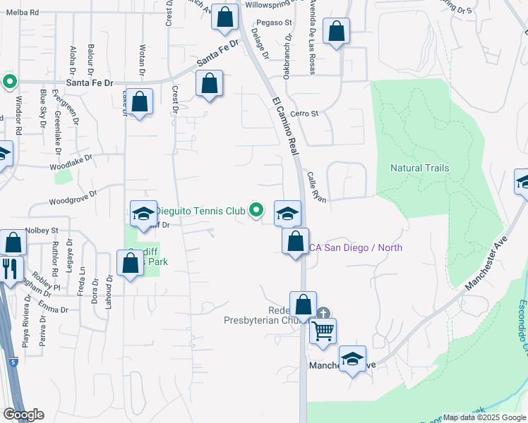 map of restaurants, bars, coffee shops, grocery stores, and more near 1408 Tennis Club Drive in Encinitas