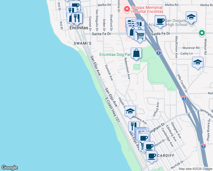 map of restaurants, bars, coffee shops, grocery stores, and more near 1545 San Elijo Avenue in Encinitas