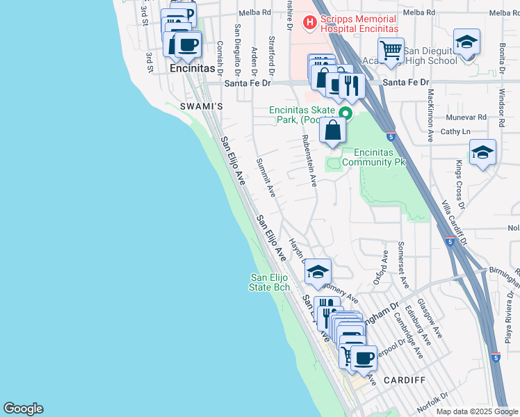 map of restaurants, bars, coffee shops, grocery stores, and more near 1571 San Elijo Avenue in Encinitas