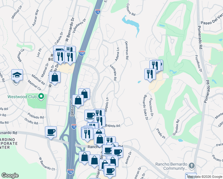 map of restaurants, bars, coffee shops, grocery stores, and more near 17453 Bernardo Vista Drive in San Diego