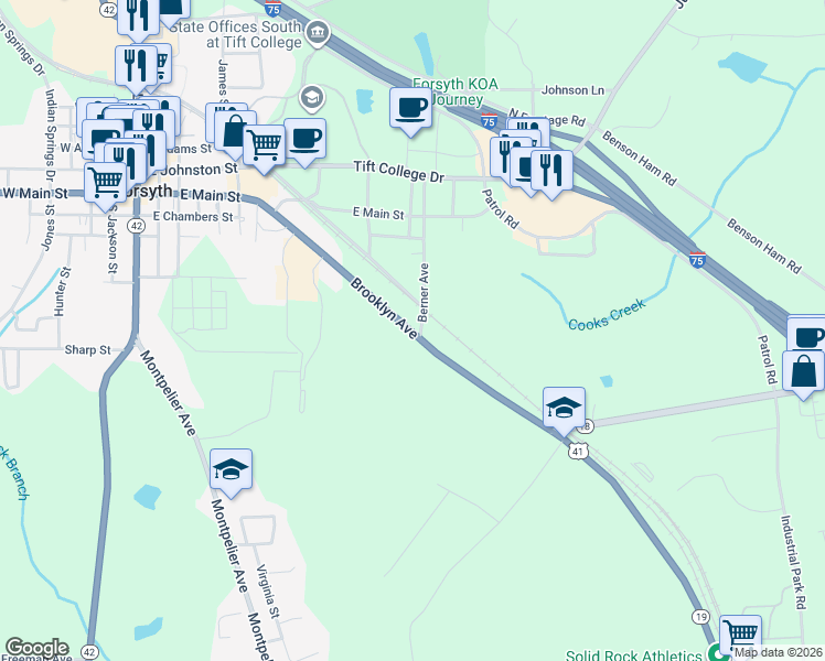 map of restaurants, bars, coffee shops, grocery stores, and more near 2-44 Brooklyn Avenue in Forsyth