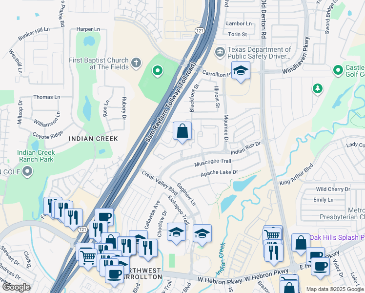 map of restaurants, bars, coffee shops, grocery stores, and more near 1220 Indian Run Drive in Carrollton