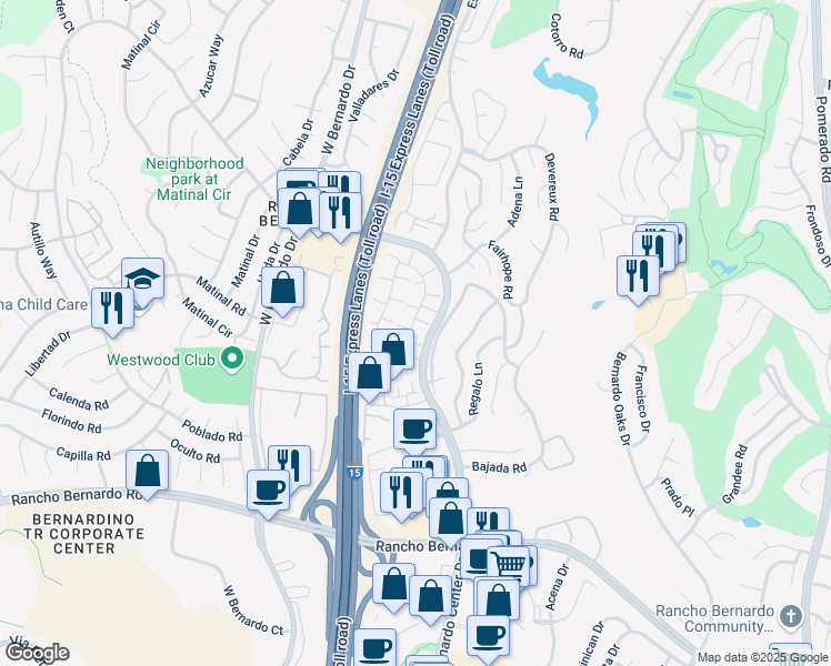 map of restaurants, bars, coffee shops, grocery stores, and more near 17438 Ashburton Road in San Diego