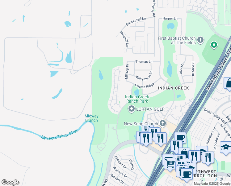 map of restaurants, bars, coffee shops, grocery stores, and more near 4253 Hunt Drive in Carrollton