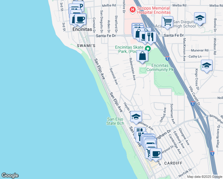 map of restaurants, bars, coffee shops, grocery stores, and more near 1571 San Elijo Avenue in Encinitas