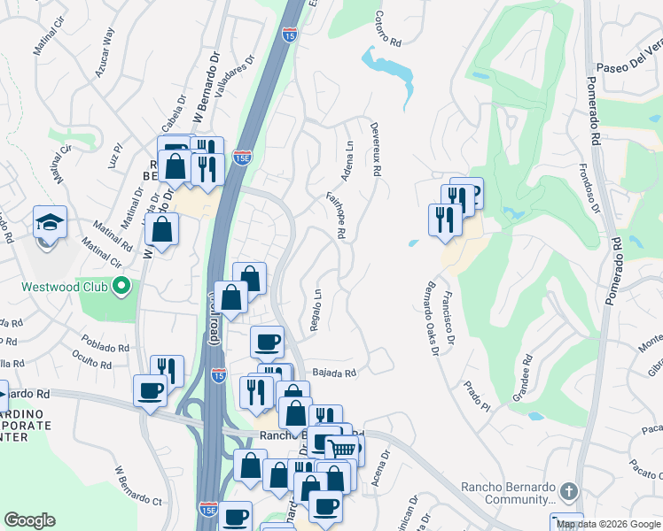 map of restaurants, bars, coffee shops, grocery stores, and more near 17412 Graciosa Road in San Diego