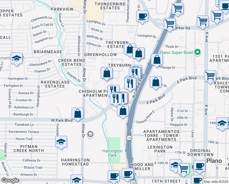 map of restaurants, bars, coffee shops, grocery stores, and more near Pebble Vale Dr & Enterprise Dr in Plano