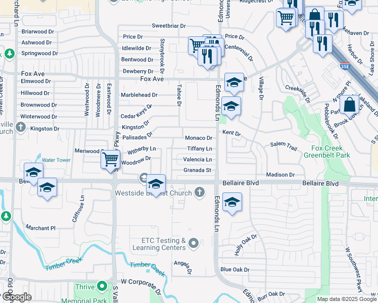 map of restaurants, bars, coffee shops, grocery stores, and more near 1255 Tiffany Lane in Lewisville