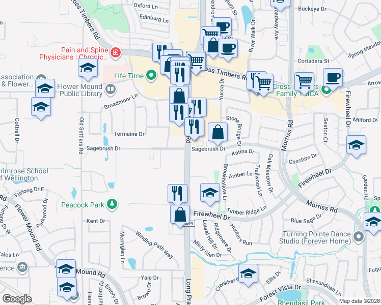 map of restaurants, bars, coffee shops, grocery stores, and more near 3281 Farm to Market Road 2499 in Flower Mound