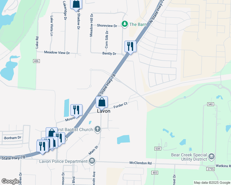 map of restaurants, bars, coffee shops, grocery stores, and more near 224 Forder Court in Lavon