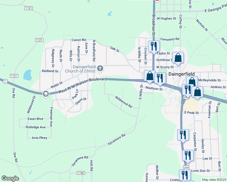 map of restaurants, bars, coffee shops, grocery stores, and more near 808 Wildwood Road in Daingerfield