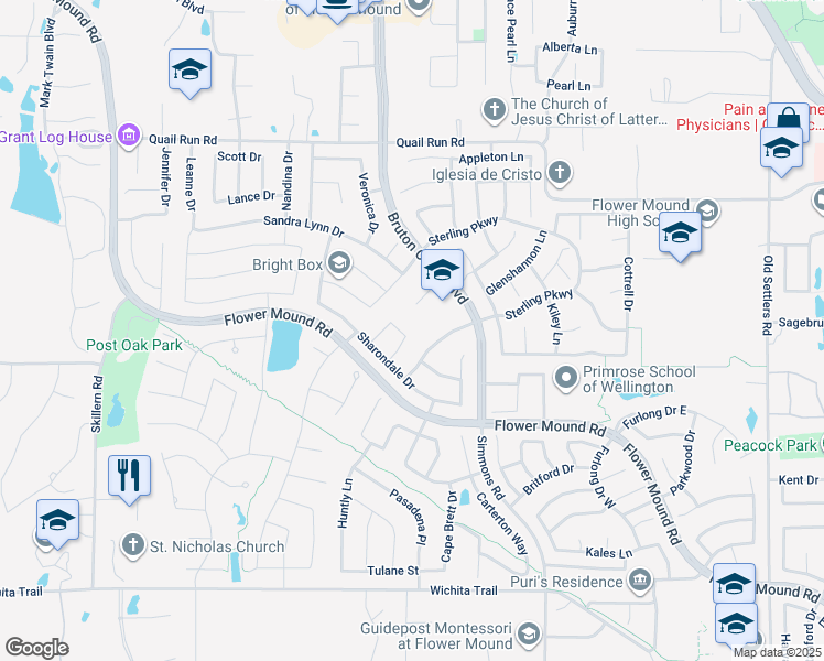 map of restaurants, bars, coffee shops, grocery stores, and more near 4000 Dawn Drive in Flower Mound