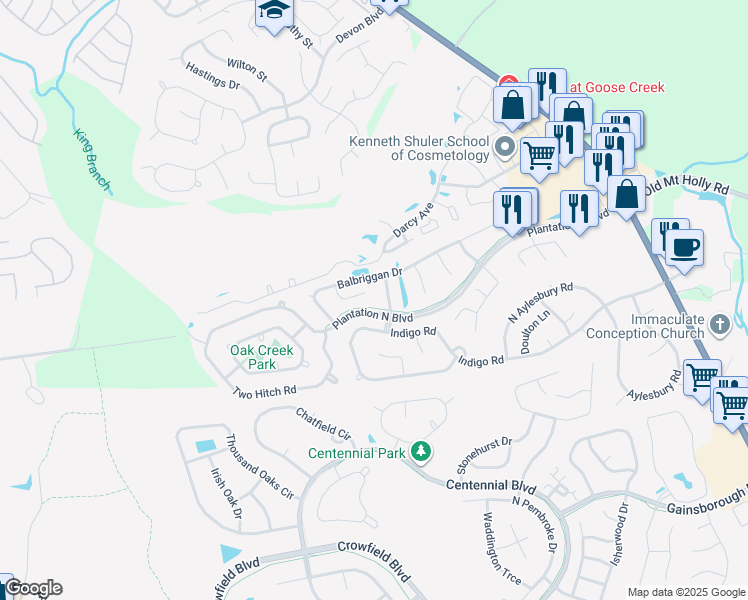 map of restaurants, bars, coffee shops, grocery stores, and more near 118 Dundalk Court in Goose Creek