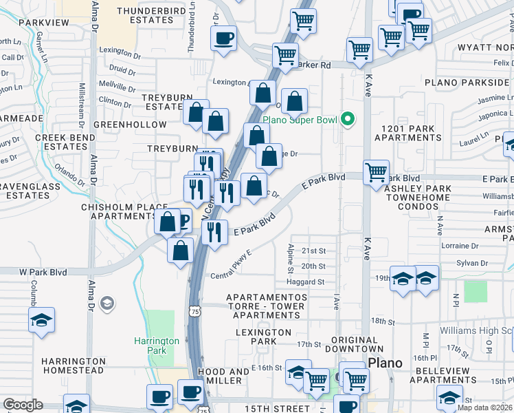 map of restaurants, bars, coffee shops, grocery stores, and more near 101 East Park Boulevard in Plano