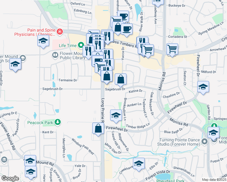 map of restaurants, bars, coffee shops, grocery stores, and more near 2550 Sagebrush Drive in Flower Mound