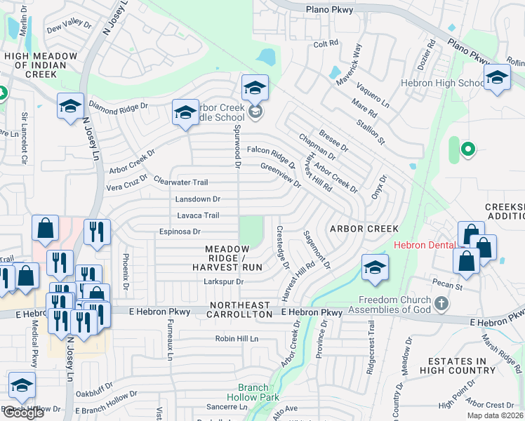 map of restaurants, bars, coffee shops, grocery stores, and more near 2115 Lavaca Trail in Carrollton