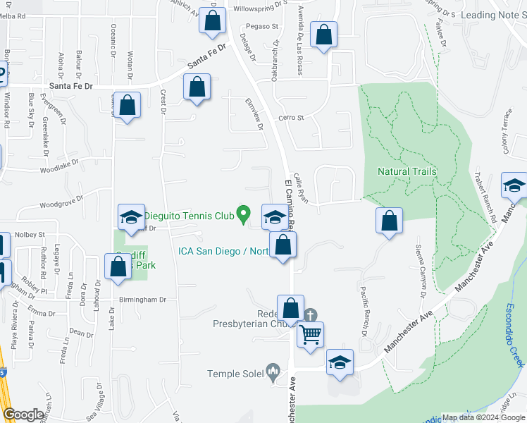 map of restaurants, bars, coffee shops, grocery stores, and more near 1376 Tennis Club Drive in Encinitas