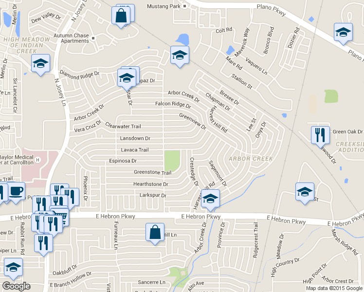 map of restaurants, bars, coffee shops, grocery stores, and more near 2115 Lavaca Trail in Carrollton