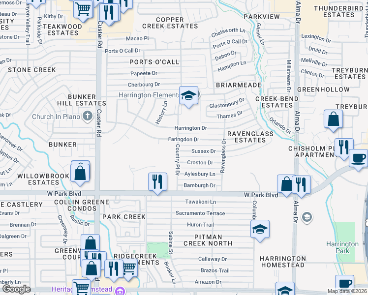 map of restaurants, bars, coffee shops, grocery stores, and more near 1553 Sussex Drive in Plano