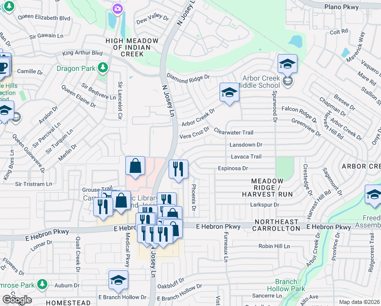map of restaurants, bars, coffee shops, grocery stores, and more near 1908 Lansdown Drive in Carrollton