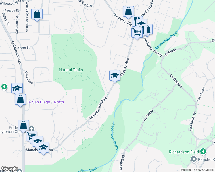 map of restaurants, bars, coffee shops, grocery stores, and more near 1429 Trabert Ranch Road in Encinitas
