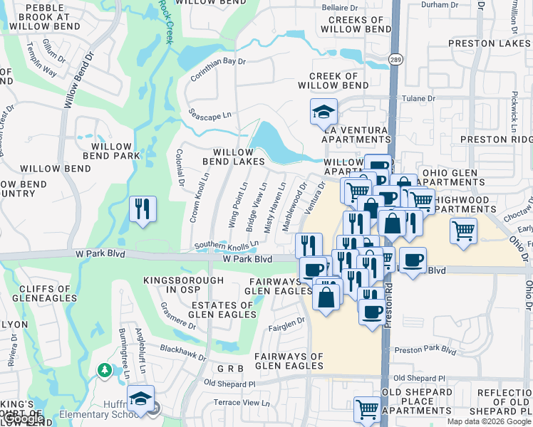 map of restaurants, bars, coffee shops, grocery stores, and more near 2201 Misty Haven Lane in Plano