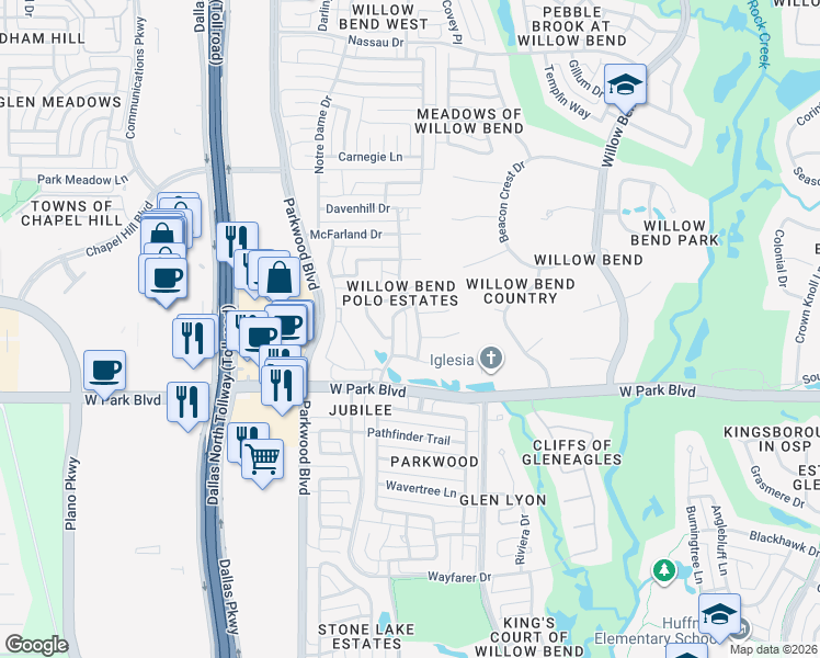 map of restaurants, bars, coffee shops, grocery stores, and more near 2100 Shaddock Boulevard in Plano