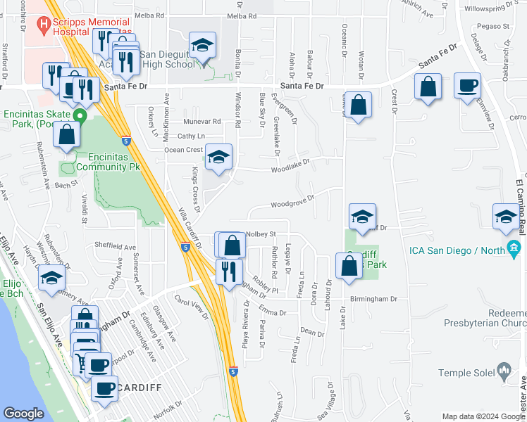 map of restaurants, bars, coffee shops, grocery stores, and more near 945 Woodgrove Drive in Encinitas