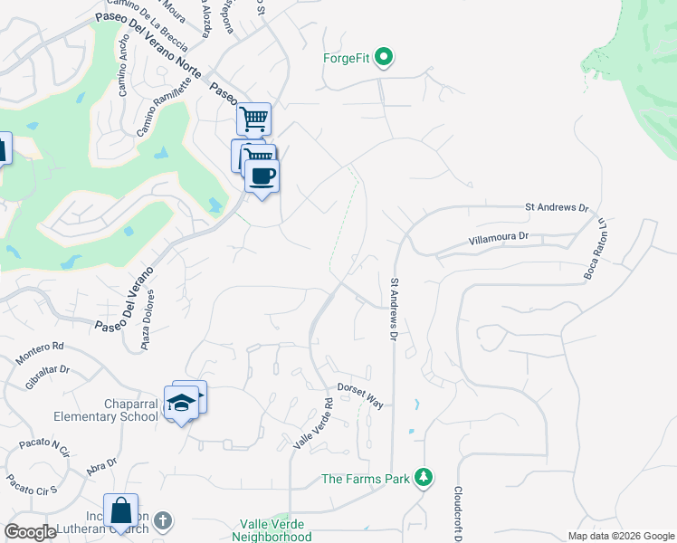 map of restaurants, bars, coffee shops, grocery stores, and more near 17648 Valle Verde Road in Poway