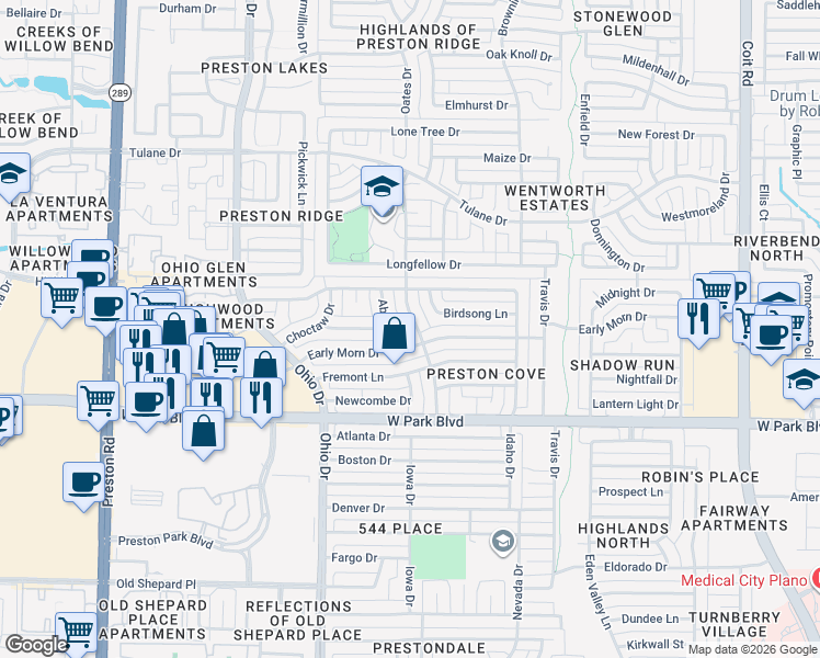 map of restaurants, bars, coffee shops, grocery stores, and more near 2309 Decator Drive in Plano