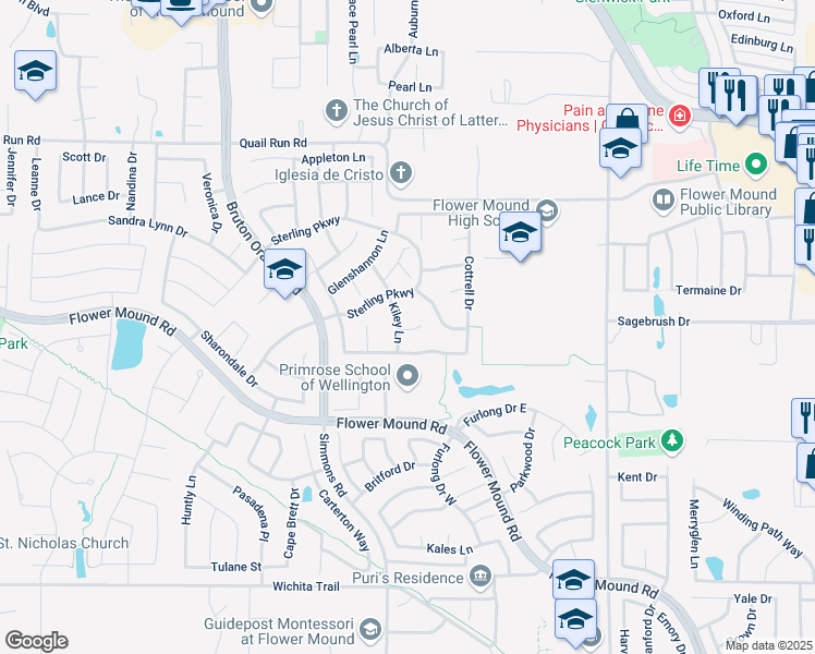 map of restaurants, bars, coffee shops, grocery stores, and more near 3708 Wicklow Court in Flower Mound