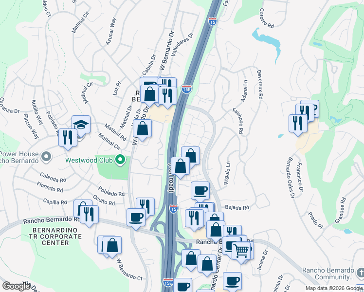 map of restaurants, bars, coffee shops, grocery stores, and more near 17452 Ashburton Road in San Diego