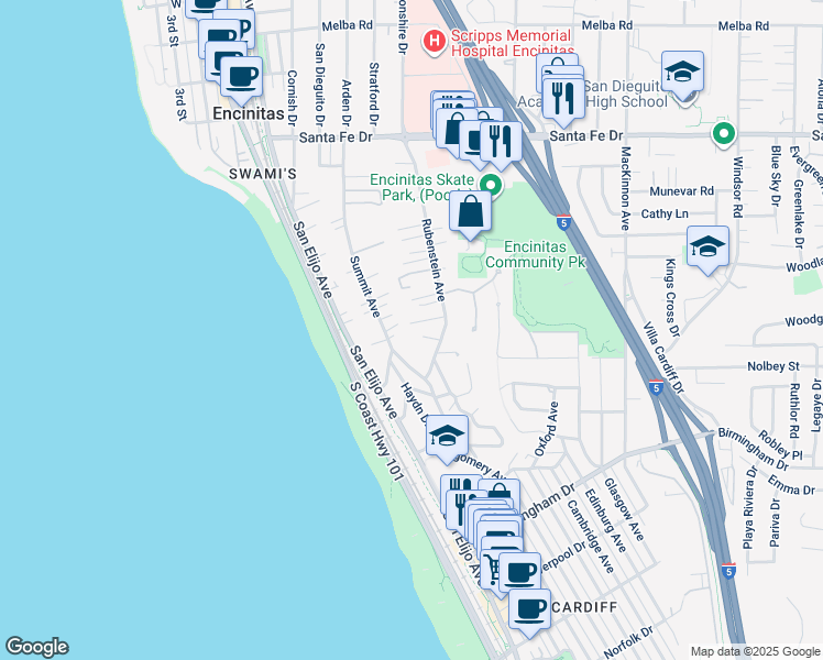 map of restaurants, bars, coffee shops, grocery stores, and more near 247 May Court in Encinitas