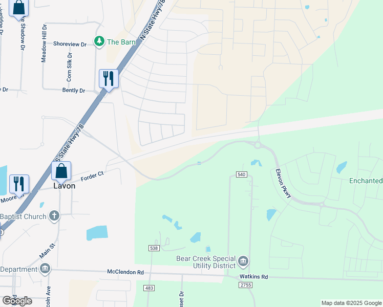 map of restaurants, bars, coffee shops, grocery stores, and more near 9945 County Road 540 in Lavon