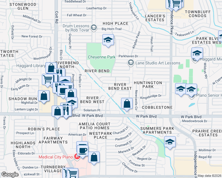 map of restaurants, bars, coffee shops, grocery stores, and more near 2204 Courtney Place in Plano