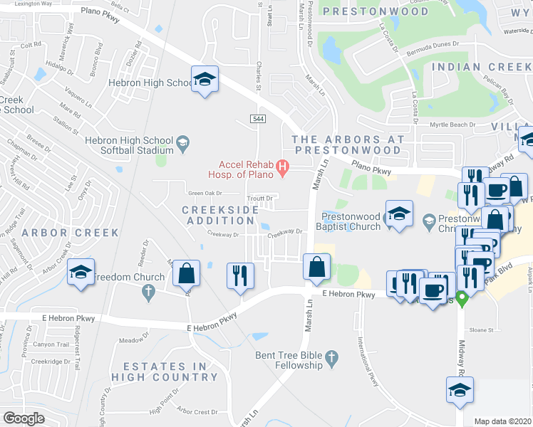 map of restaurants, bars, coffee shops, grocery stores, and more near 2724 Cedar Elm Drive in Carrollton