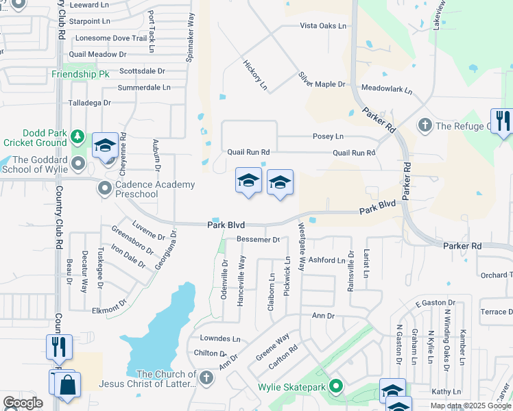 map of restaurants, bars, coffee shops, grocery stores, and more near 1050 Park Boulevard in Wylie