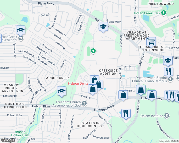 map of restaurants, bars, coffee shops, grocery stores, and more near 2504 Mosswood Drive in Carrollton