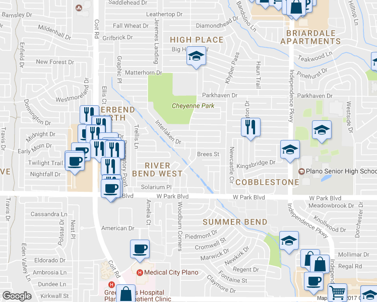 map of restaurants, bars, coffee shops, grocery stores, and more near 2204 Courtney Place in Plano