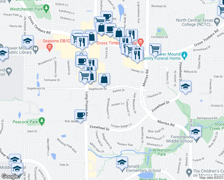 map of restaurants, bars, coffee shops, grocery stores, and more near 2512 Katina Drive in Flower Mound